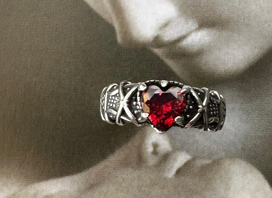 Flesh And Soul Gothic Heart Ring with Red CZ Stone